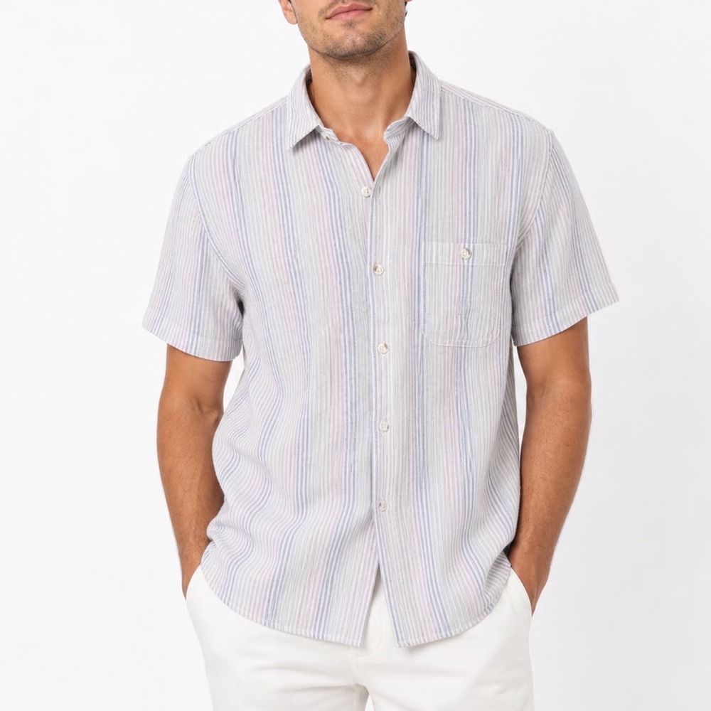 Even Tide Mens Slim Fit Linen Cotton Striped Short Sleeve Button Down Shirt L